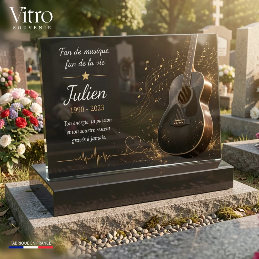 Quelle phrase graver sur la plaque funéraire d'un passionné de musique